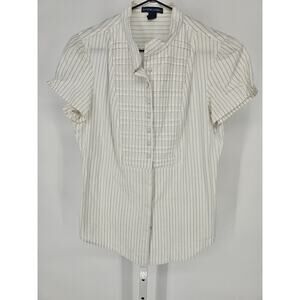 Bandolino Blu Womens Sz M Short Sleeve Button Up Dress Shirt White Pinstripe